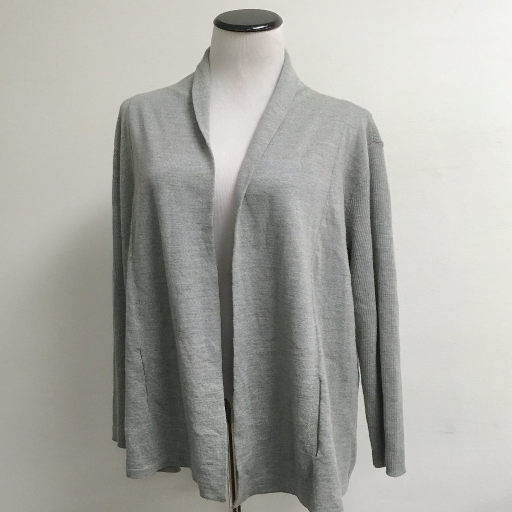 Eileen Fisher gray drape front merino wool cardigan sweater jacket L
